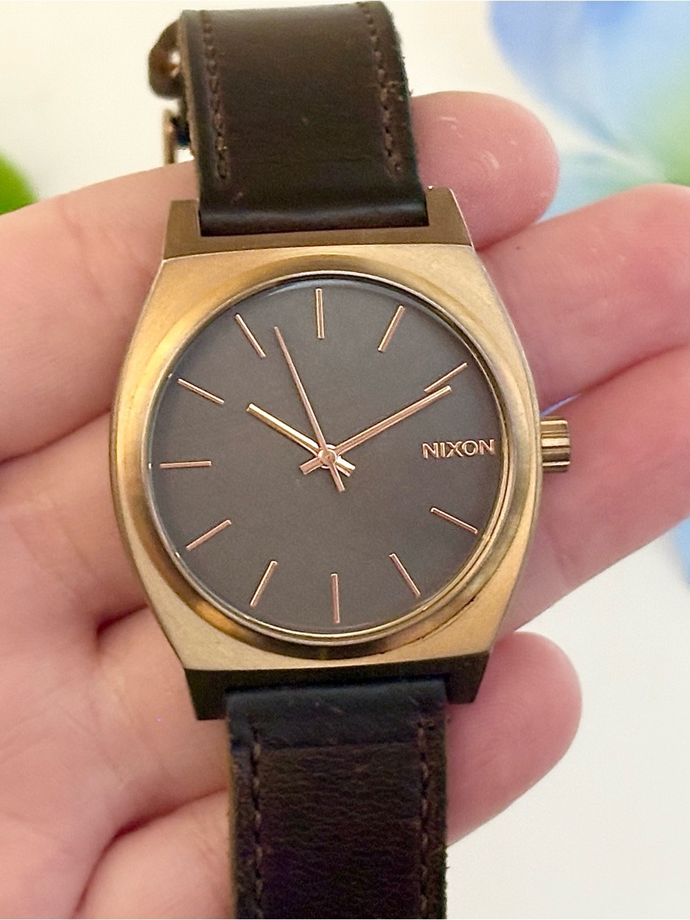 Men’s Nixon Time Teller Watch Gunmetal Grey/Rose Gold Dial w Brown Leather Strap